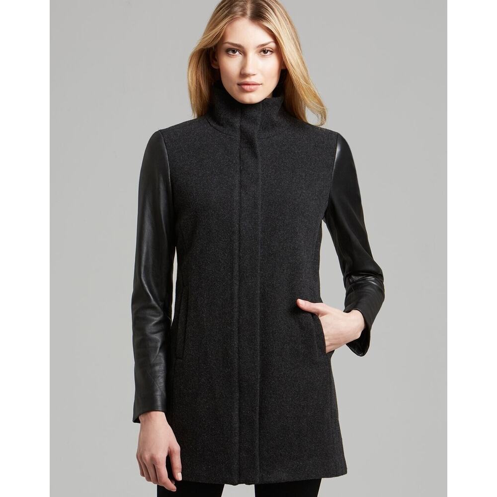 Eileen Fisher High Collar Coat Full Zip Wool Jacket Leather Sleeve Black Large